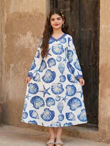 SHEIN Tween Girls' Casual Middle Eastern Arabic Style Seashell Print Robe, Vacation Vibe - Blue - View 4