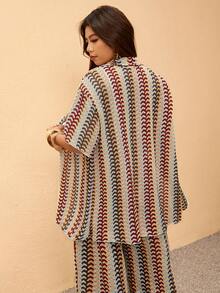 Elaquor Áo kimono tay ngắn kẻ sọc cỡ lớn dành cho nữ, thích hợp cho kỳ nghỉ biển mùa xuân. - Nhiều màu - Xem 2