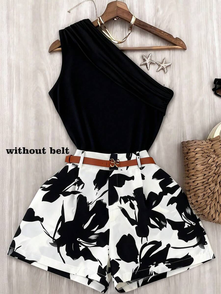 Women's Casual Vacation Outing Date Outfit, Black Asymmetrical Shoulder Knit Tank Top And Floral Print Short 2-Piece Set, Spring/Summer - Black and White - View 1