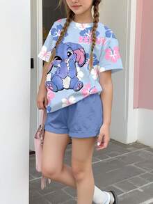2pcs Tween Girls Casual Cartoon Print Short Sleeve Top And Shorts Set, Suitable For Summer - Multicolor - View 4