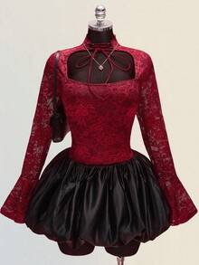 SHEIN ICON 女士加大码复古性感优雅千禧风 Y2K 情人节：高领系带镂空喇叭长袖酒红色蕾丝修身上衣 - 酒紅色 - 查看 1