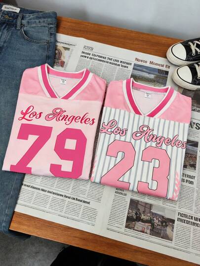 2pcs/Set Toddler Girls' T-Shirt, Pink Stripe Patchwork Sporty Short Sleeve Top, Loose Versatile Children Summer Undershirt, 79/23 Numeric Cute Print, Suitable For Daily Wear, Sports, Layering