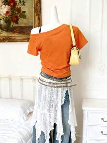 Lalippa 女士休闲印花不对称领口T恤，夏季 - 橘色 - 查看 2