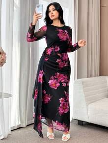 Modelyn 大码女式印花圆领长袖优雅连衣裙，侧腰处饰有3D立体花朵装饰 - 彩色 - 查看 7
