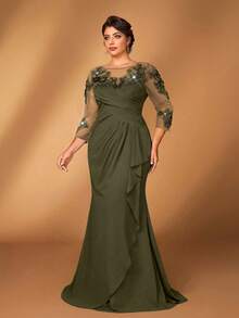Serin Đầm dáng đuôi cá thanh lịch màu xám hồng dành cho nữ, chất liệu chiffon, cổ tròn, tay dài, xếp ly, đính sequin, thích hợp cho mẹ cô dâu/chú rể trong các đám cưới, sự kiện trang trọng, tiệc tùng. - Màu xanh Ô liu - Xem 4