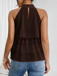 Firerie Loose Neck Ruffle Asymmetrical Chiffon Blouse - Coffee Brown - View 2