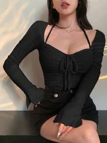 DAZY 女士长袖纹理毛绒系带领口抽绳喇叭袖上衣，粉色，秋冬Y2K风格 - 黑色 - 查看 4