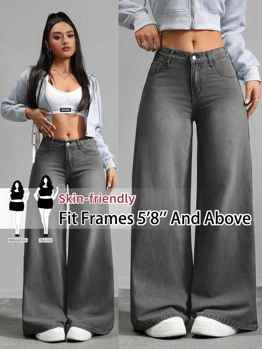 SHEIN Tall CURVE 大码女式宽松牛仔裤，适合夏季度假、7月4日、俱乐部、办公室、乡村音乐会、锐舞派对、游轮等场合，打造颓废摇滚风高腰牛仔裤造型 - 淺色水洗藍 - 查看 1