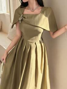 DAZY Women's Elegant Solid Color Pleated Asymmetric Dress, Summer Wedding Guest Dress Sundress - Yellow - View 1