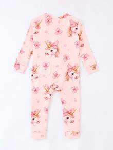 女婴紧身粉色蝴蝶结独角兽数码印花长袖拉链连体衣 - 粉色 - 查看 2