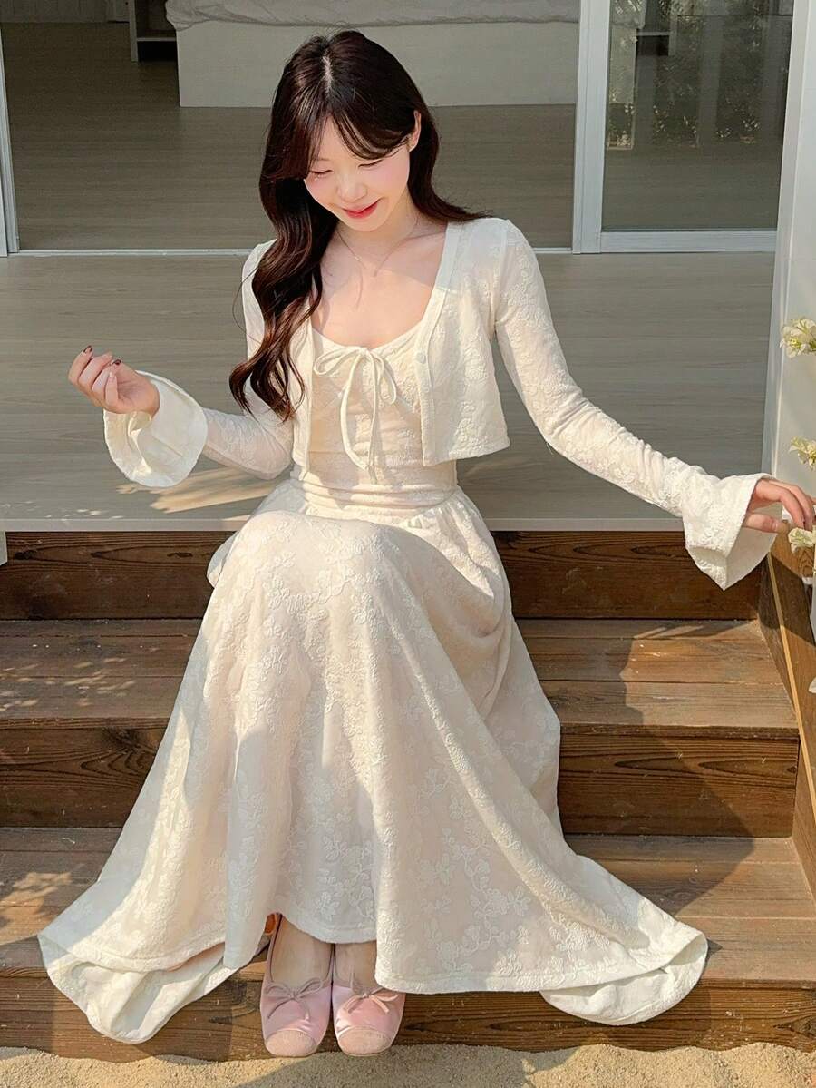 DAZY Women's Lace Camisole & Cardigan 2 Pieces Long Dress, Casual Vacation Style - White - View 1