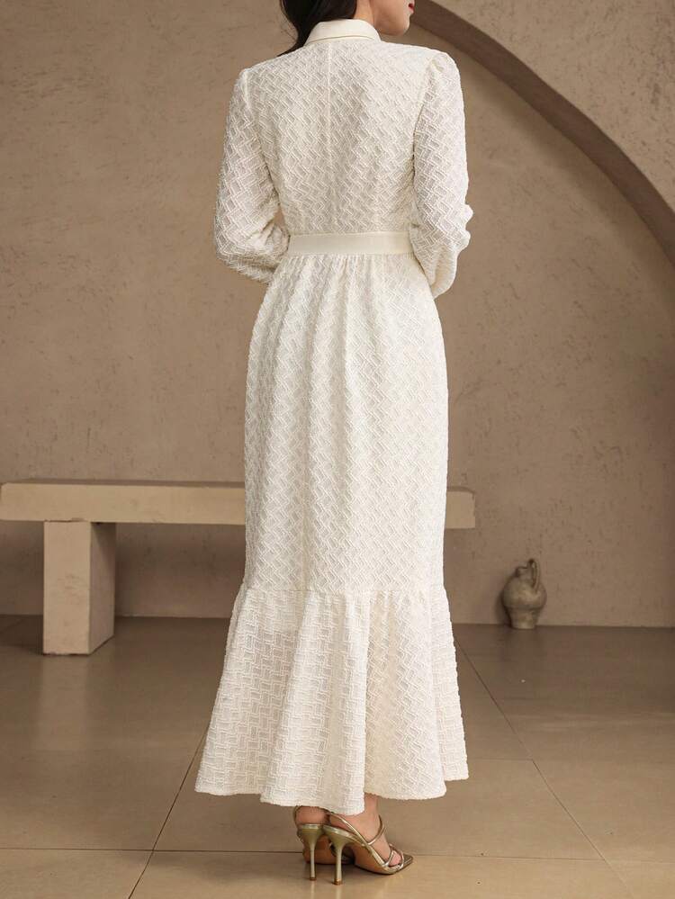 Women's Midi Dress With Collar, Waist Cinching And Flared Skirt, Textured Fabric Sundress