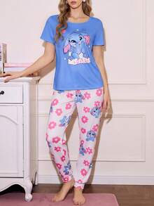 SHEIN Sweet Ditsy Floral Round Neck Contrast Color Women Pajama Set Cute Sleep Set - Multicolor - View 4