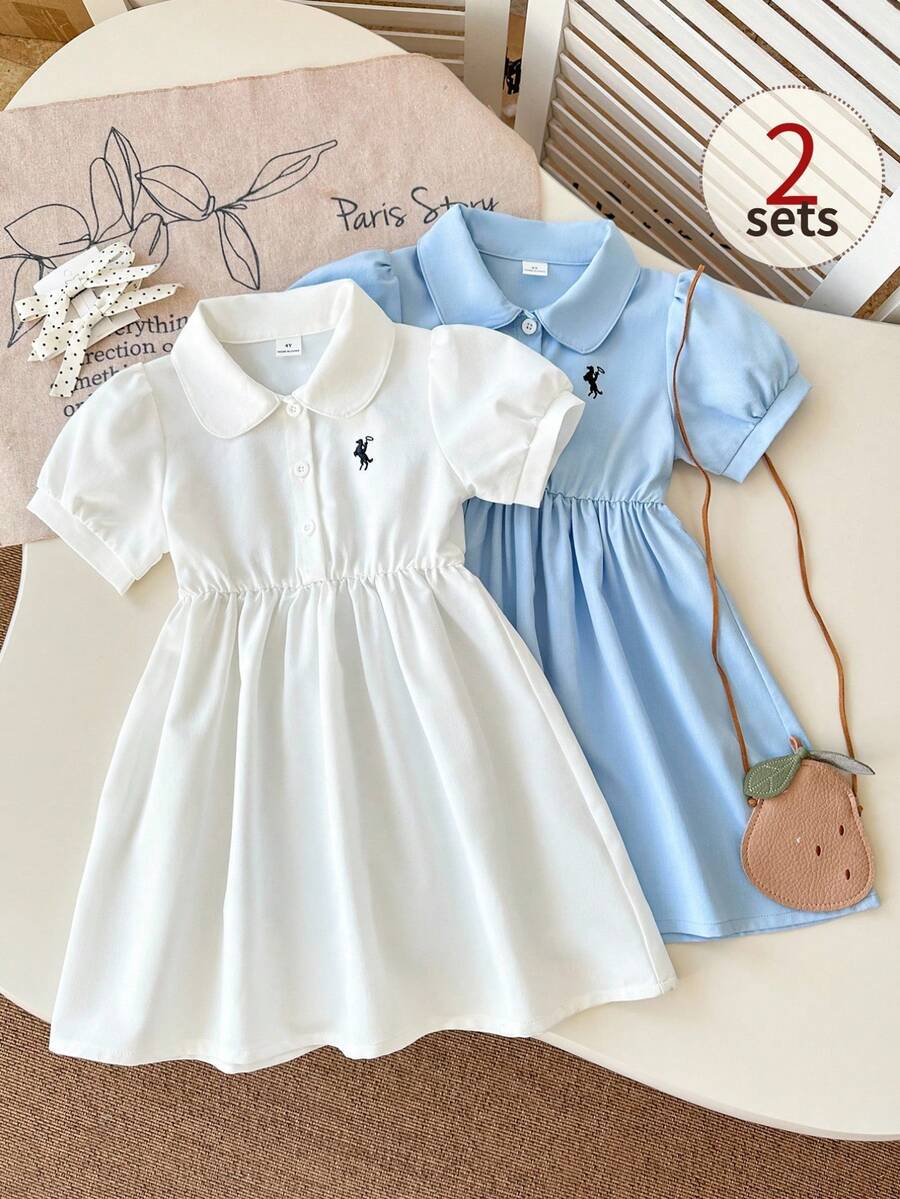 Playful Pals 两件套女童条纹短袖刺绣连衣裙，粉色和蓝色，可爱时尚的夏季套装 - 彩色 - 查看 1