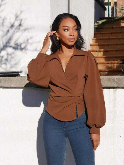 Yess Loren Women's Spring & Autumn Solid Color Lantern Sleeve Ruched Waist Split Hem Commuter Blouse,Long Sleeve Tops