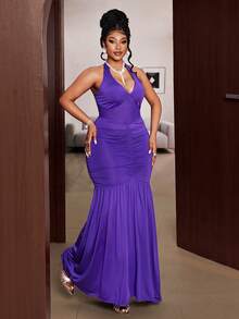 Maweii Plus Size Elegant V-Neck Halter Tie Waist Ruched Mesh Splice Sheer Sexy Dress - Purple - View 3