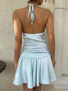 MainGRL Vestido mini de satén azul con cuello de halter para mujer - Azul - Ver 2