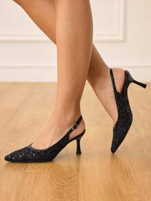 CUCCOO HITCHD Women's Fashionable Elegant Party Sequin Decorated Pointed Toe Pumps Valentine's Day - Black - View 5
