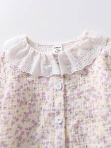 SHEIN Baby Girls Fall Autumn/Winter Pajamas-2 Pieces Floral Ruffle Collar Pajama Set Pink Pastel Long Sleeve Round Neck Button Front Pants Two Pieces Cozy - Purple - View 7