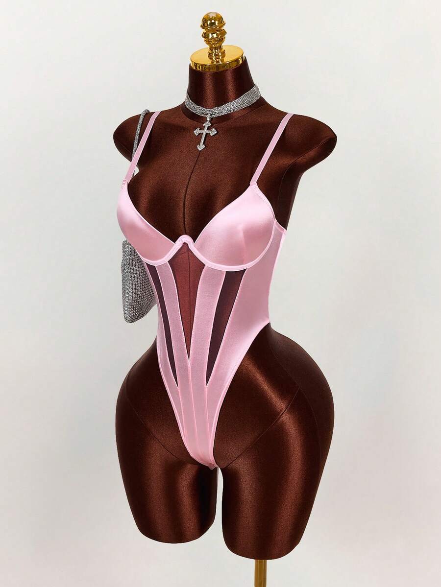 Amplova Áo liền thân hai dây phối lưới gợi cảm dành cho nữ, thích hợp cho mùa hè. - Hồng - Xem 1