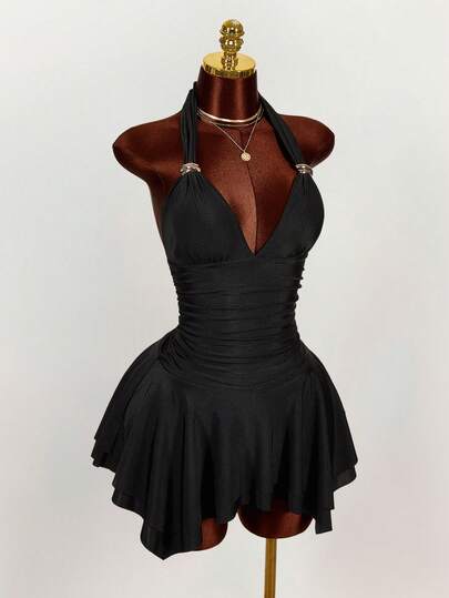 Amplova 2025 Summer New Arrival, Suitable For Birthday Party, Back To School, Campus Style, Student Wear, Daily Casual, Beach, Sunbathing, Trending, Streetwear, Elegant, Metal Decor Strap, Waist Ruched, Summer Mini Dress  Summer Dress Spring Outfit Women Valentine's Day Beach Dress Party Dress Wedding Guest Dress For Women Elegant Dresses For Women Vacation Outfits Women Swimming Dress Swimsuit Dress Black Club Dress Gothic Bathing Suit One Piece Bathing Suit With Skirt