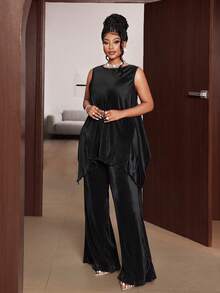 Maweii Plus Size Women 2 Pieces Set Asymmetrical Vest & Casual Pants Suit, Suitable For Vacation, Outdoor, And Commute, Summer - Black - View 6