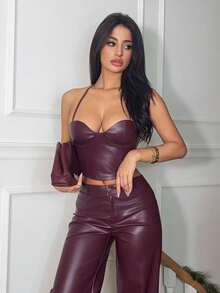 Ronhire ICON Y2K Clothes Women Women Solid Color Halter Top And Casual Burgundy Red Long Pants Set Party Winter New Year Sexy - Burgundy - View 4