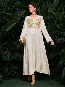 Al Najma 新款中东风格女士晚礼服，刺绣拼接，立体刺绣，撞色刺绣饰边，长款束腰外衣 - 白色 - 查看 6