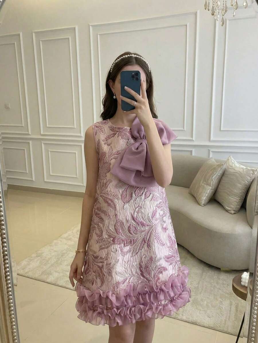 SHEIN 少女粉色提花拼接欧根纱蝴蝶结优雅无袖连衣裙 - 粉色 - 查看 1