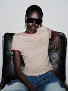 Lumivelle Women's Casual Crew Neck Short Sleeve T-Shirt - Apricot - View 3