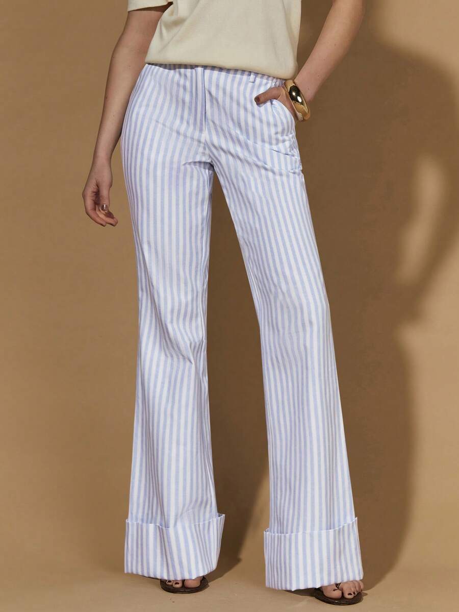 COSMINA Pantalones de pierna ancha con dobladillo acampanado a rayas, pantalones casuales de cintura alta para ir al trabajo o de vacaciones - Azul y blanco - Ver 1