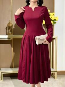 Feyla 女士纯色V领长袖褶皱设计优雅中长连衣裙 - 酒紅色 - 查看 2