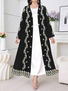 Al Najma 一件舒适保守的长款睡袍，传统复古印花连衣裙/碎花连衣裙，适合女性日常穿着、约会、休闲、派对、节日等场合。女士连衣裙，植物复古印花连衣裙，黑色连衣裙 - 黑色 - 查看 3