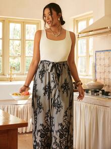 SHEIN VCAY Plus Size Women Floral Lace Patchwork Sleeveless Jumpsuit,Black And White,Summer,Elegant,Tea Party Festival Outfits Valentines Day Vintage Country - Khaki - View 3