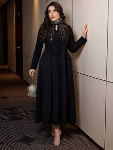 Modelyn Plus Size Women Rhinestone Embellished Drape Neck Long Sleeve Knit Elegant Flared Hem Formal Party Dress - Black - View 8