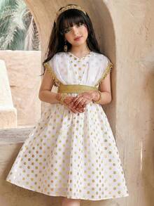 SHEIN Young Girl Gold Polka Dot V-Neck Sequin Ribbon Belt Decor Elegant Sleeveless Dress - White - View 1