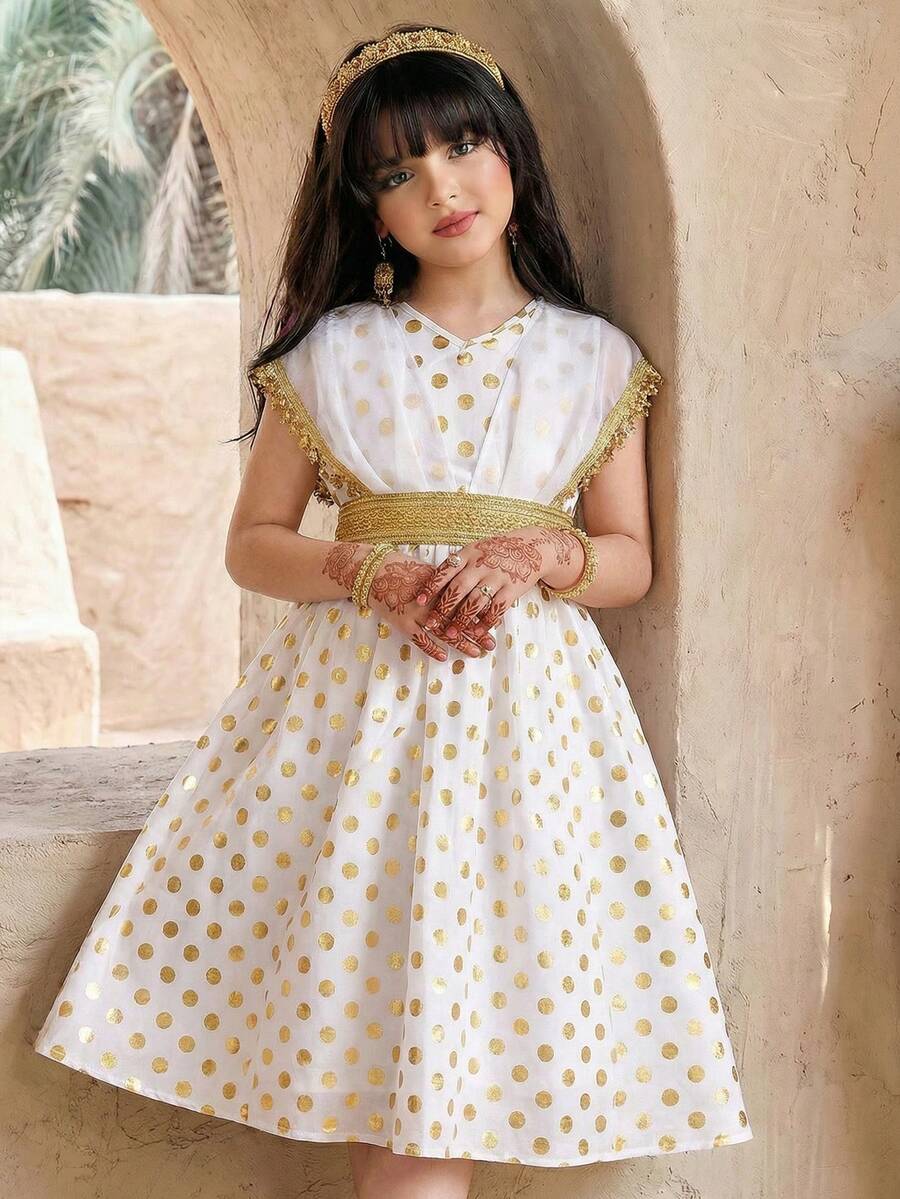 SHEIN Young Girl Gold Polka Dot V-Neck Sequin Ribbon Belt Decor Elegant Sleeveless Dress - White - View 1
