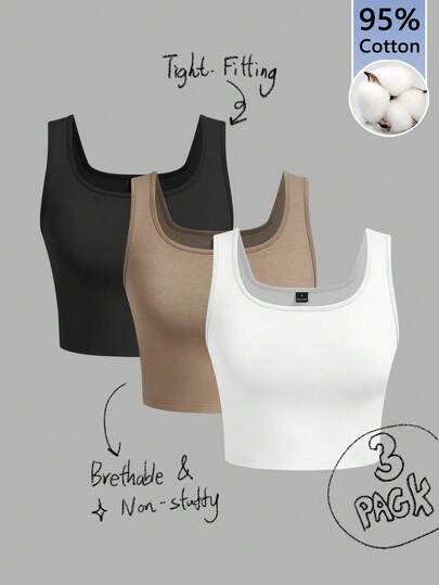 Tseoso 3 paquetes de tops de tirantes ajustados de algodón al 95% en negro, blanco y caqui para mujer, de cuello redondo y súper cortos, casuales, para verano y todo el año, con estilo retro vintage Y2K, suaves, limpios y deportivos, un regalo ideal para chicas de la generación Z y de sororidad