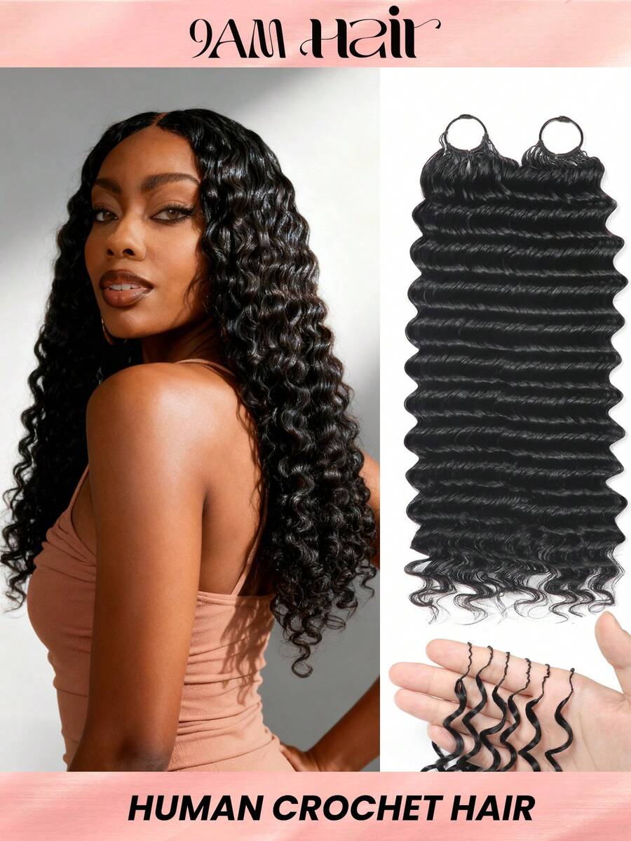 Boho Braids Human Crochet Hair In 100% Remy Human Hair Feather Line Crochet Hair Braids Salon Silky Seamless Invisible Natural Black Color For Thin Hair Woman Micro Pre Looped Crochet Human Hair Deep Wave Extensions