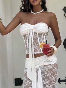 Opulessa Sexy Elegant Casual Going Out Beach Women's White Wedding Romantic Solid Color Lace Corset Fitted Tube Top, Spring Summer Vacation, Elegant Top For Party, Luxury Evening Top For Weddings, Graduation, Ceremony, Bridesmaid - White - View 6
