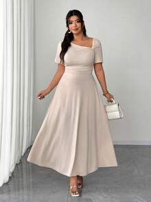 Elenzga 大码女式纯色春夏不对称肩部褶皱腰部短袖长款连衣裙，简约优雅的办公室着装 - 杏色 - 查看 5