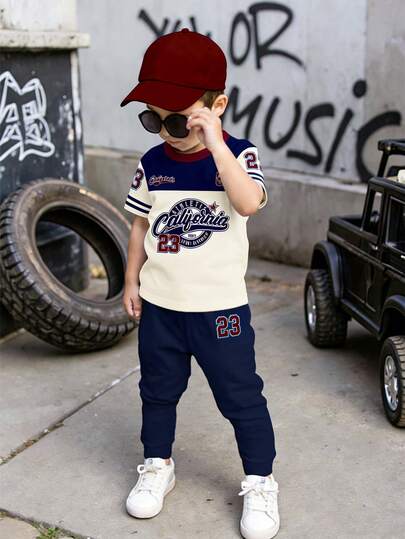 1 Set Young Boys Casual Sports Style Numeric 23 & California Letter Print Colorblock Round Neck Short Sleeve T-Shirt And Pants Set, Knit Outfit Suitable For Everyday Wear And Sports