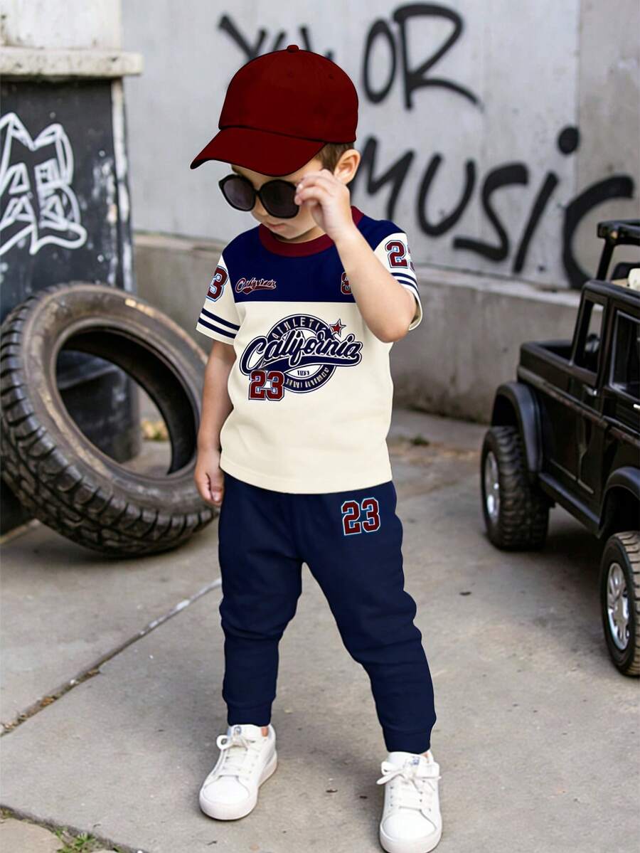 1 Set Young Boys Casual Sports Style Numeric 23 & California Letter Print Colorblock Round Neck Short Sleeve T-Shirt And Pants Set, Knit Outfit Suitable For Everyday Wear And Sports - Multicolor - View 1