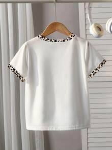 Young Girl Casual Minimalist Fashion Short Sleeve Leopard Print Bow Design Pattern Round Neck T-Shirt, Lightweight & Comfortable, Suitable For Spring/Summer, Casual Street, Outdoor, School, Party, Gift - Multicolor - View 2