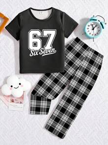1set Boys' Casual Plaid & Numeric Print Short Sleeve Top And Pants Pajama Set - Black - View 5