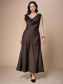 Maija 大码棕色连衣裙，优雅露背设计，垂领，露肩款式，适合派对、婚礼宾客、生日、商务、休闲、约会、办公室、度假等场合。 - 棕色 - 查看 7