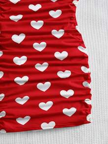 SHEIN 1pc Heart Print Ruffle Elegant Party Dress With 1pc Hair Scrunchie For Young Girls