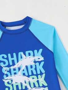 8-12 Years Old Boys' Shark Print Long Sleeve Swimsuit, Student Swimming Suit, Beach Vacation Surfing Stylish Ocean Theme Swimwear Set - Multicolor - View 5
