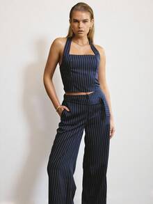 Aralina Women's Elegant Halterneck Stripe Top With Matching Stripe Pants Set Perfect For Christmas Party New Years And Thanksgiving Outfits - Navy Blue - View 5
