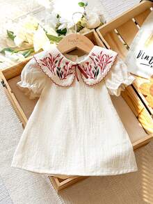 Vintaside Kids Vestido de Bebê Recém-Nascida Menina com Bordado Floral, Estilo Campestre Elegante Versátil Fofo, Tecido Macio e Confortável, Primavera/Verão - Damasco - Visão 1